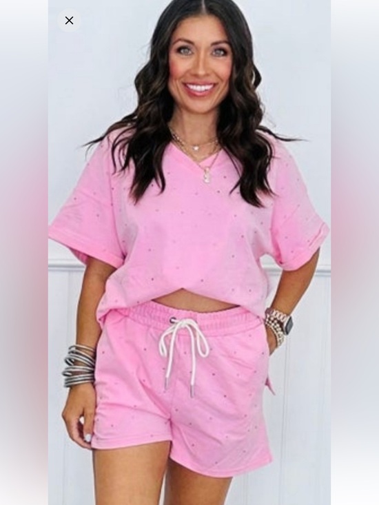 white birch Tops - White Birch Rhinestone Cotton Pink Crew V Neck Short Sleeve Oversized Top NWOT